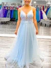 A-line V-neck Tulle Sweep Train Appliques Lace Prom Dresses #Favs020108771