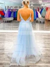 A-line V-neck Tulle Sweep Train Appliques Lace Prom Dresses #Favs020108771