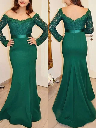 Trumpet/Mermaid Off-the-shoulder Lace Silk-like Satin Sweep Train Sashes / Ribbons Prom Dresses #Favs020103731