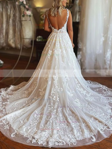 A-line Scoop Neck Lace Tulle Sweep Train Appliques Lace Prom Dresses #Favs020108772