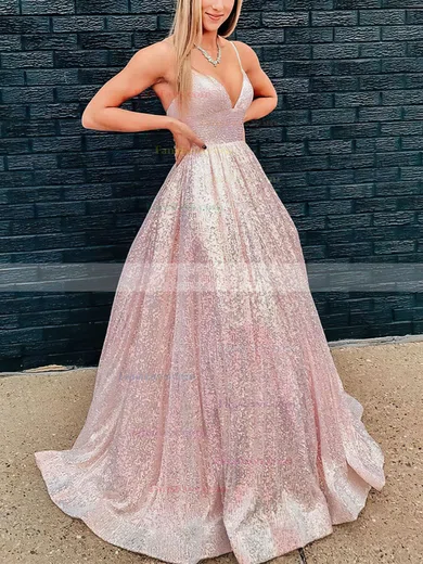 A-line V-neck Sequined Sweep Train Prom Dresses #Favs020108773