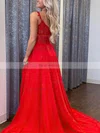 A-line V-neck Chiffon Sweep Train Appliques Lace Prom Dresses #Favs020108774