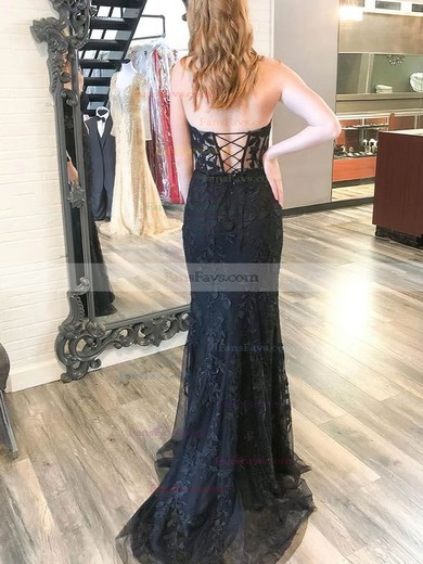 Trumpet/Mermaid Sweetheart Lace Tulle Sweep Train Appliques Lace Prom Dresses #Favs020108776