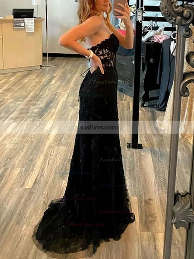 Trumpet/Mermaid Sweetheart Lace Tulle Sweep Train Appliques Lace Prom Dresses #Favs020108776