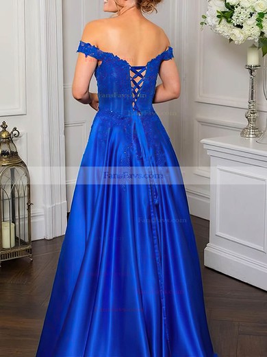 A-line Off-the-shoulder Satin Sweep Train Appliques Lace Prom Dresses #Favs020108780