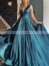 A-line V-neck Silk-like Satin Sweep Train Ruffles Prom Dresses #Favs020108781
