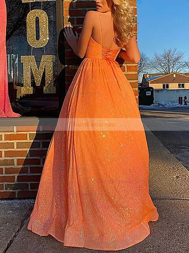 A-line V-neck Sequined Sweep Train Prom Dresses #Favs020108786