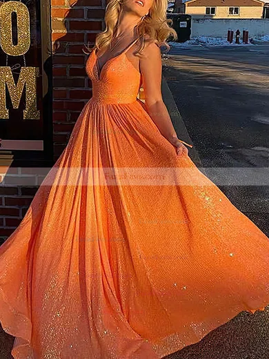A-line V-neck Sequined Sweep Train Prom Dresses #Favs020108786