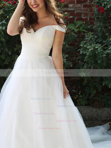 A-line Off-the-shoulder Tulle Sweep Train Prom Dresses #Favs020108787