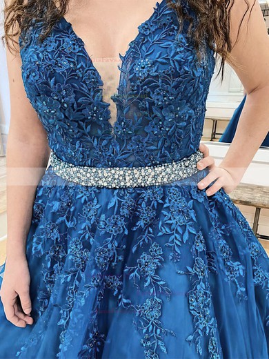 A-line V-neck Tulle Sweep Train Beading Prom Dresses #Favs020108791