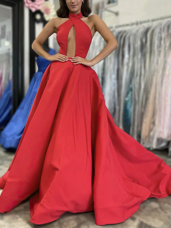 A-line High Neck Satin Sweep Train Prom Dresses #Favs020108792