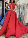 A-line High Neck Satin Sweep Train Prom Dresses #Favs020108792