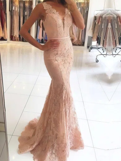 Trumpet/Mermaid V-neck Lace Tulle Sweep Train Beading Prom Dresses #Favs020105460