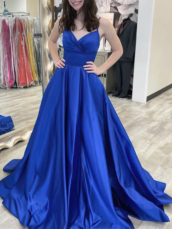 A-line V-neck Satin Sweep Train Bow Prom Dresses #Favs020108796