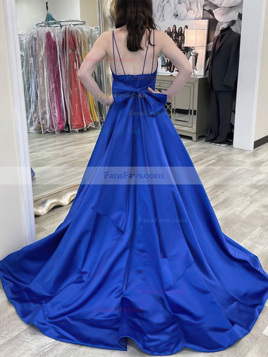 A-line V-neck Satin Sweep Train Bow Prom Dresses #Favs020108796
