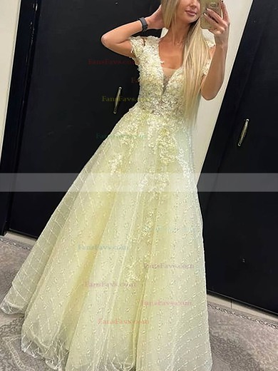 A-line V-neck Tulle Sweep Train Appliques Lace Prom Dresses #Favs020108799