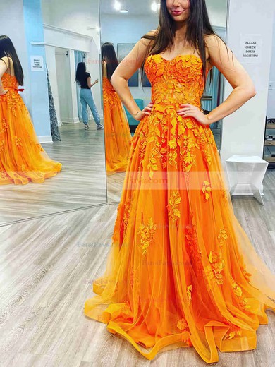 A-line Sweetheart Tulle Sweep Train Appliques Lace Prom Dresses #Favs020108801