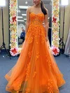 A-line Sweetheart Tulle Sweep Train Appliques Lace Prom Dresses #Favs020108801