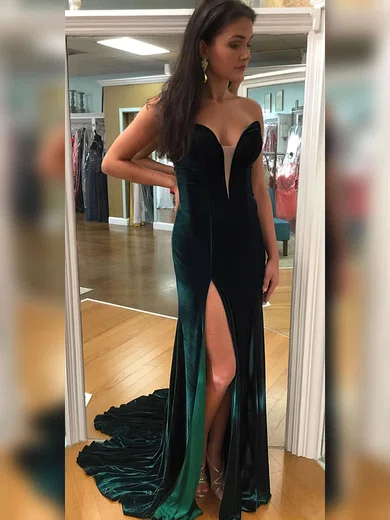 Trumpet/Mermaid V-neck Velvet Sweep Train Split Front Prom Dresses #Favs020105466