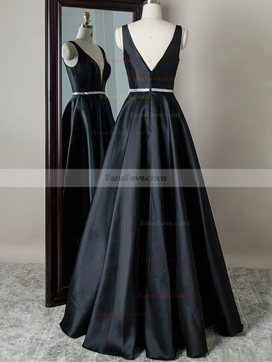 A-line V-neck Silk-like Satin Sweep Train Beading Prom Dresses #Favs020108803