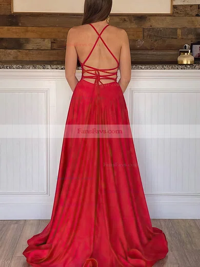 A-line V-neck Silk-like Satin Sweep Train Pockets Prom Dresses #Favs020108804
