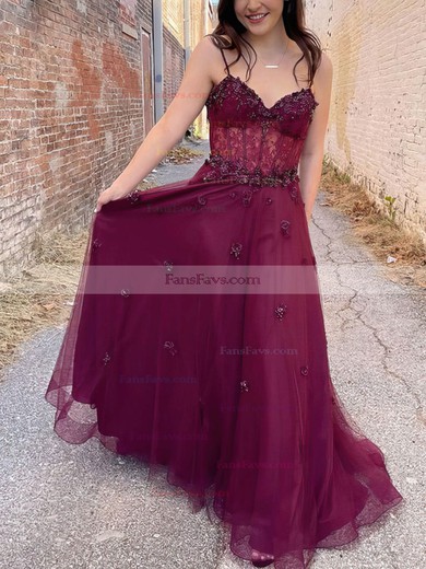 A-line V-neck Tulle Sweep Train Beading Prom Dresses #Favs020108806