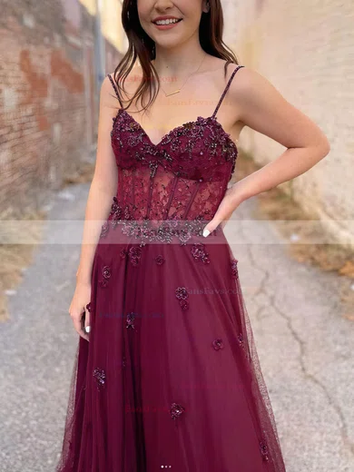 A-line V-neck Tulle Sweep Train Beading Prom Dresses #Favs020108806