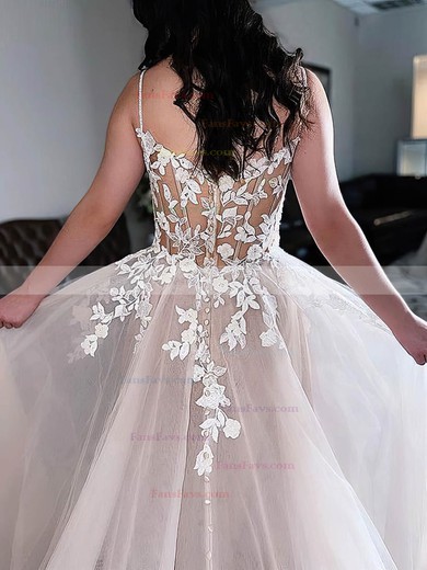 A-line V-neck Tulle Sweep Train Appliques Lace Prom Dresses #Favs020108808