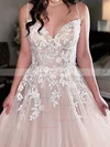 A-line V-neck Tulle Sweep Train Appliques Lace Prom Dresses #Favs020108808