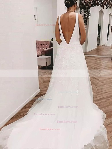 A-line V-neck Tulle Sweep Train Appliques Lace Prom Dresses #Favs020108811