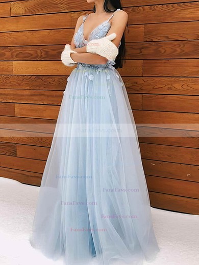 A-line V-neck Tulle Sweep Train Appliques Lace Prom Dresses #Favs020108813