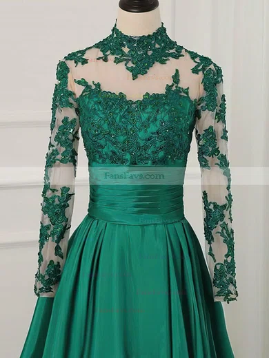 A-line Scoop Neck Tulle Silk-like Satin Sweep Train Appliques Lace Prom Dresses #Favs020108817