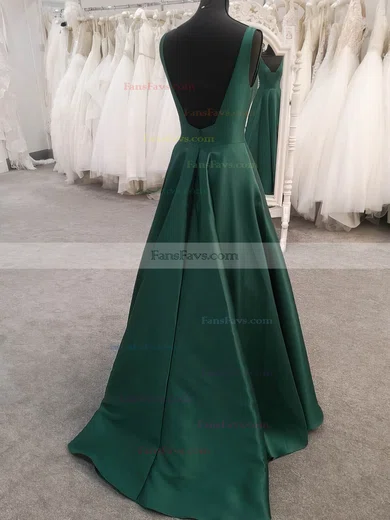 A-line V-neck Satin Sweep Train Prom Dresses #Favs020108822