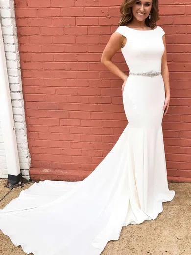 Trumpet/Mermaid Scoop Neck Silk-like Satin Sweep Train Sashes / Ribbons Prom Dresses #Favs020105469