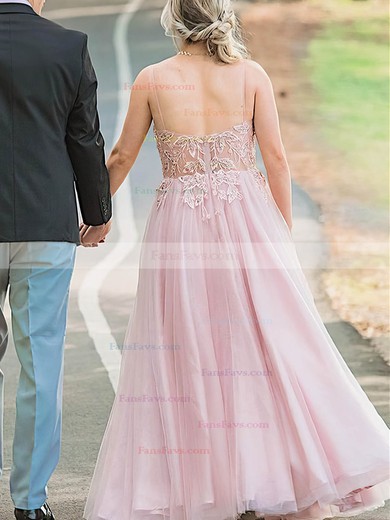 A-line V-neck Tulle Sweep Train Appliques Lace Prom Dresses #Favs020108823