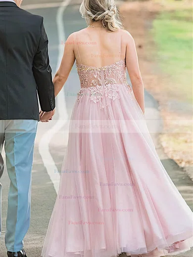 A-line V-neck Tulle Sweep Train Appliques Lace Prom Dresses #Favs020108823