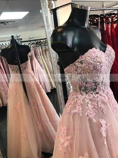 A-line V-neck Tulle Sweep Train Appliques Lace Prom Dresses #Favs020108830