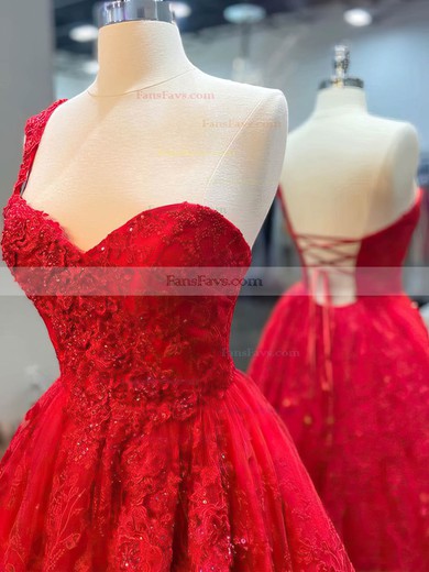 A-line One Shoulder Tulle Sweep Train Appliques Lace Prom Dresses #Favs020108832