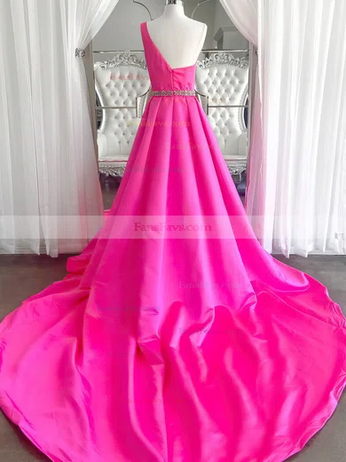 A-line One Shoulder Satin Sweep Train Beading Prom Dresses #Favs020108833
