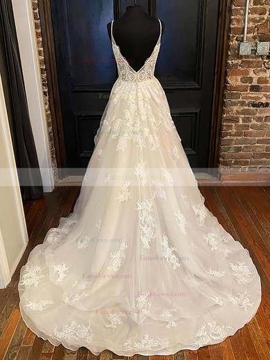 A-line V-neck Tulle Sweep Train Appliques Lace Prom Dresses #Favs020108835