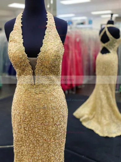 Trumpet/Mermaid V-neck Lace Sweep Train Prom Dresses #Favs020108837