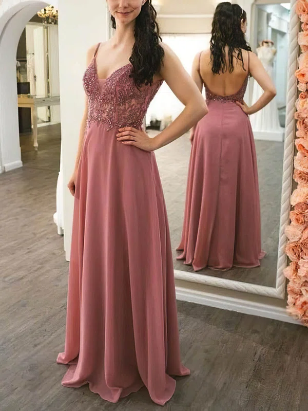 A-line V-neck Chiffon Sweep Train Appliques Lace Prom Dresses #Favs020108838