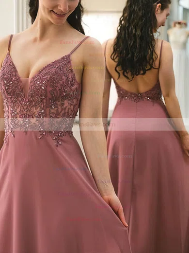 A-line V-neck Chiffon Sweep Train Appliques Lace Prom Dresses #Favs020108838