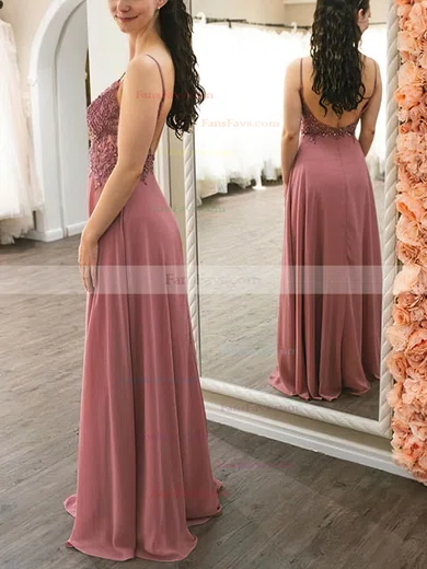 A-line V-neck Chiffon Sweep Train Appliques Lace Prom Dresses #Favs020108838