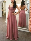 A-line V-neck Chiffon Sweep Train Appliques Lace Prom Dresses #Favs020108838