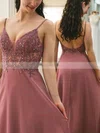 A-line V-neck Chiffon Sweep Train Appliques Lace Prom Dresses #Favs020108838
