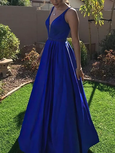 A-line V-neck Satin Sweep Train Beading Prom Dresses #Favs020108842
