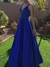 A-line V-neck Satin Sweep Train Beading Prom Dresses #Favs020108842