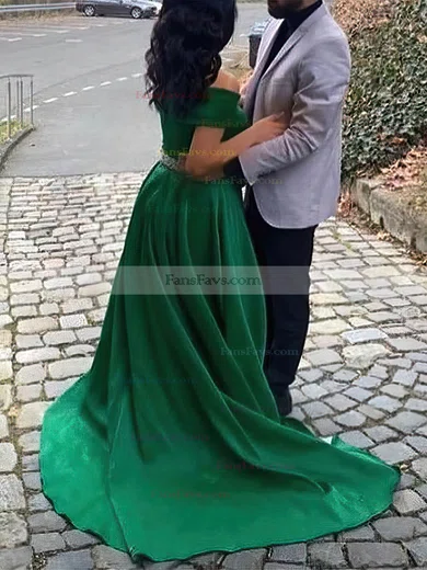 A-line Off-the-shoulder Satin Sweep Train Beading Prom Dresses #Favs020108843