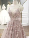 A-line V-neck Tulle Sweep Train Appliques Lace Prom Dresses #Favs020108846